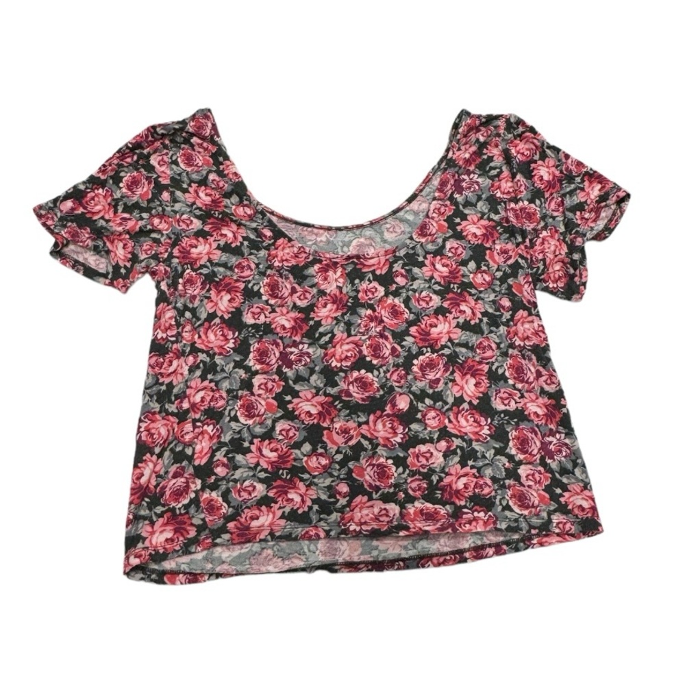 Map To Mars size XL crop top. Gray background with pink rose floral design.